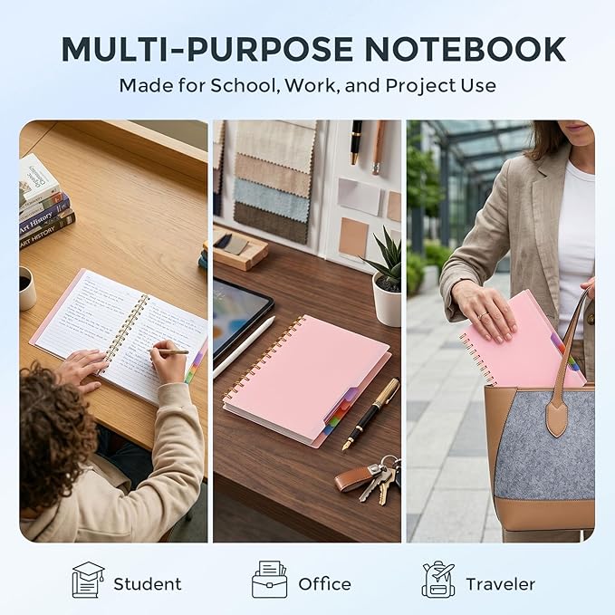 Koogel Spiral Notebook with Tabs, 5 Subject Spiral Notebook College Ruled with Removable Dividers, 200Pages Lined Journals for Women Journals Note Taking Work School Gifts, 5.8x8.3Inch, Pink
