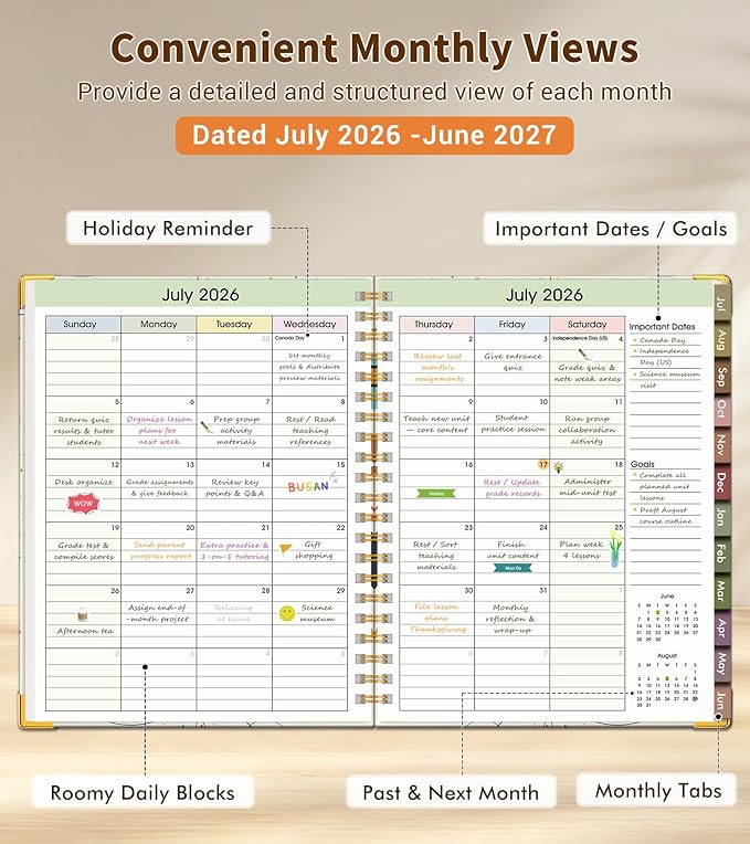 Teacher Planner 2026-2027, July 2026 - June 2027, Academic Weekly & Monthly Calendar Planner with Tabs, 8.5" x 11" A4 Teacher Lesson Plan Book with 7 Periods, Daily Agenda School Organizer for Teacher Student Homeschool, Rainbow
