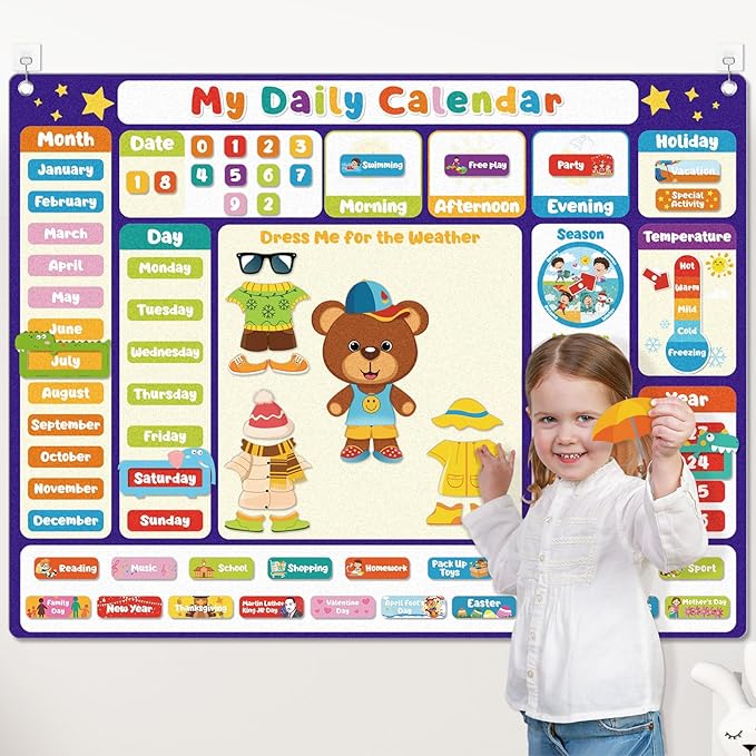 AKAYOK My Daily Calendars Felt Board for Toddlers - Classroom Calendar for Preschool & Homeschool- Circle Time Calendars & Weather Station - Kids Calendar for Preschool Learning Activity