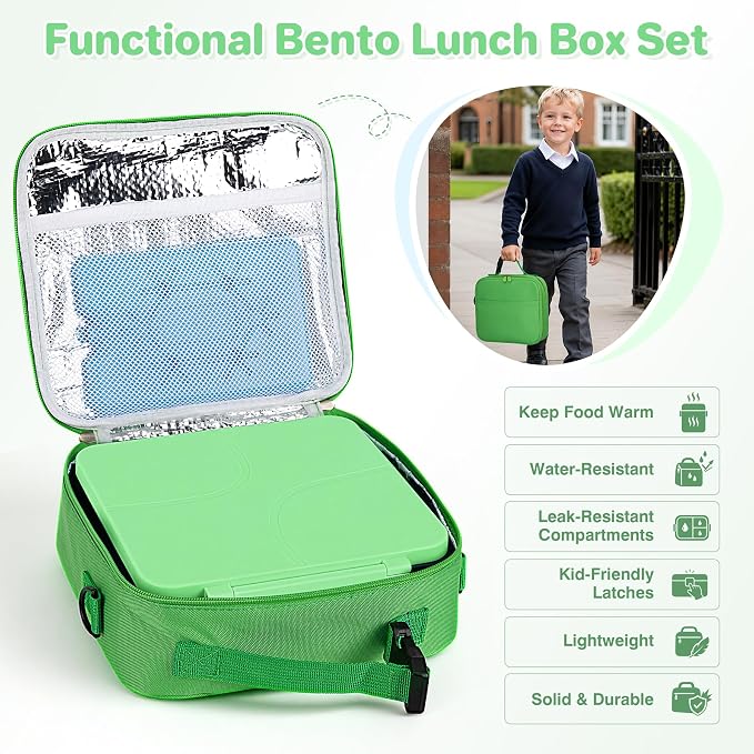 Bento Lunch Box with 8oz Soup Thermo,Kids Leakproof 4 Compartment Lunch Food Containers with Sauce Cup and Ice Pack,Kids Thermo Insulated Hot Food Jar and Lunch Bag for School,Trvael-Green