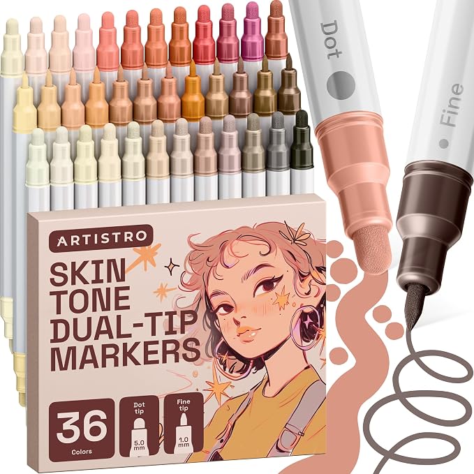 ARTISTRO 36 Skin Tones Dual-Tip Acrylic Paint Markers – Paint Pens Set with Dot & Fine Tips for Fabric, Rock, Glass, Wood, Coloring Books – Arts & Crafts Gift – Classroom Must Haves & School Supplies