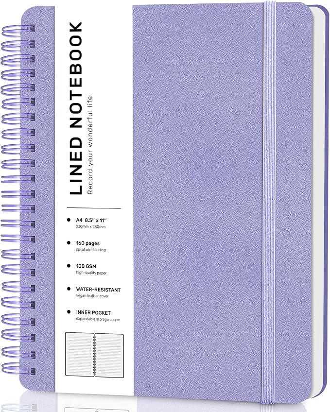 Lined Spiral Journal Notebook with 160 Pages, 8.5×11in, A4 Spiral Notebook, Journaling Notebooks for Work, School, Women, Men, College Ruled Spiral Notebook, Hardcover Leather Journals, Purple