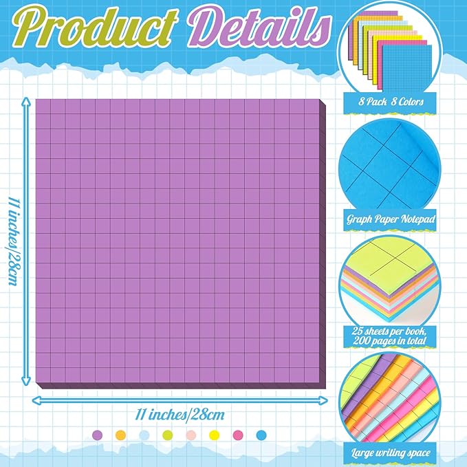 Qeeenar 8 Pads Big Sticky Notes 11 x 11 Inch Lined Jumbo Large Sticky Notes for Wall,Giant Strong Power Memo Square Post for Office, 25 Sheets/Pad(Vivid Color)