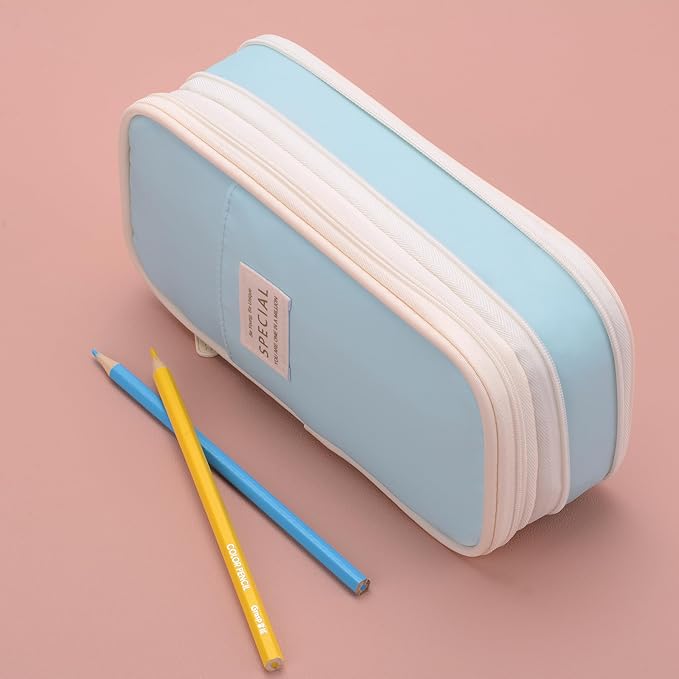 Large Capacity Big Special Cute Aesthetic Preppy Canvas Pencil Case Organizer Holder Pouch Bag with Zipper Compartments, Pen Cases for Women Girls School Adults (Sky Blue)