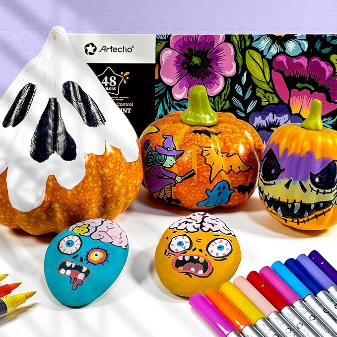 Artecho Automatic Ink Control Acrylic Paint Markers 48 Colors Brush Tip, for Stone, Rock Painting, Paper, Pumpkin, Wood, Egg, Canvas, Ceramic, Fabric, leather, Glass, DIY Crafts