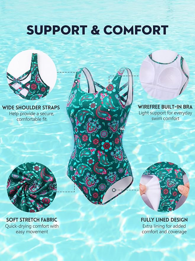 Modest Full Coverage One Piece Swimsuit Floral Bathing Suit Criss Cross Back Swimwear with Built-in Bra