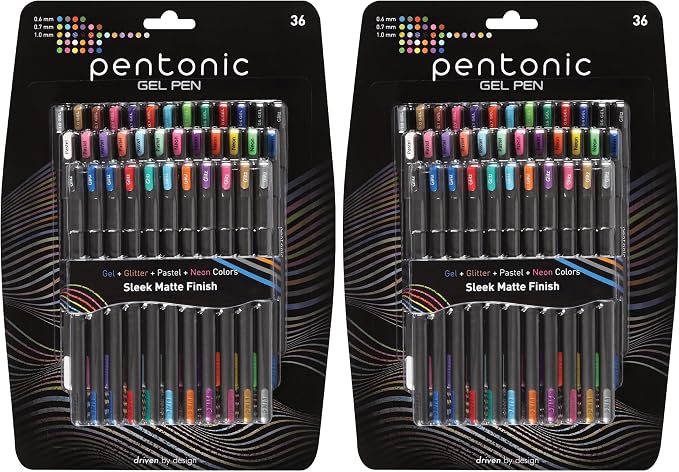 Pentonic Gel Pens, 36 Count, 36 Assorted Colors (Assorted Color, Neon, Pastel & Glitter), Medium & Fine Point, Smooth Writing For Journaling (1002358) (Pack of 2)