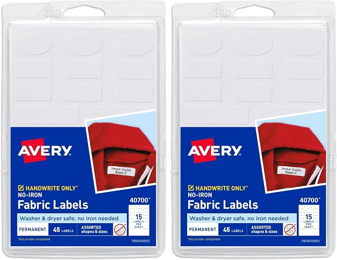 Avery No-Iron Fabric Labels, Assorted Shapes and Sizes, Washer and Dryer-Safe Waterproof Labels, Non-Printable, 45 Count (40700), (Pack of 2)