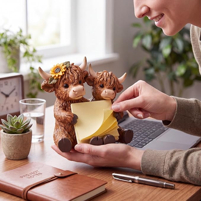 Highland Cow Pop up Sticky Dispenser Resin Sticky Note Holder Include 1 Pad of Pop up Notes 3x3 Inch 100 Sheets, Cute Highland Cow Note Holder for Back to School Office Desk Supplies