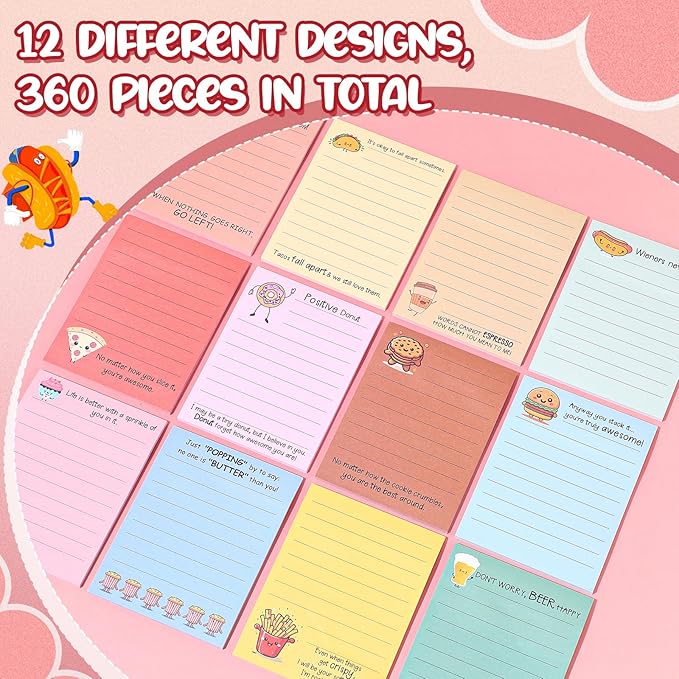 AmazingSpark 12 Pcs Cute Inspirational Sticky Notes, 4 * 3 Motivational Notepads Positive Emotional Support Gift Funny Lined Memo Note Pads for Office Desk Supplies Coworker Employee(Foods,Drinks)