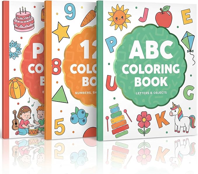 ZICOTO Fun Coloring Book for Kids - Set of 3 Cute Toddler Coloring Books with Big Simple Designs - Educational Activity Book with Themes for Alphabet, Numbers, Colors and Shapes for Boys and Girls