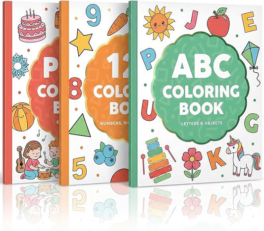 ZICOTO Fun Coloring Book for Kids - Set of 3 Cute Toddler Coloring Books with Big Simple Designs - Educational Activity Book with Themes for Alphabet, Numbers, Colors and Shapes for Boys and Girls
