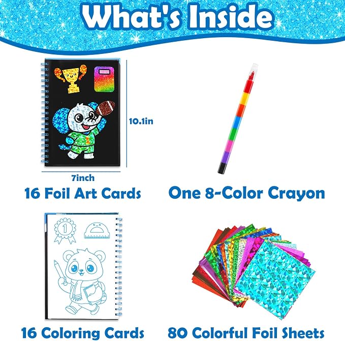 FUNNYB&G Foil Art Craft Kit for Boys 4-10 Years Old: Mess-Free & No-Glue, Create 16 Happy Back to School Pictures – Perfect Travel Toy & Birthday Gift for Kids (Happy Back to School)