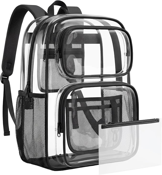 mommore Clear Backpack Set for School, Large Heavy Duty Transparent Bookbag with Pencil Bag for Boys Girls, 17 inch See Through PVC Plastic Backpack with DIY Patches for College Work Casual