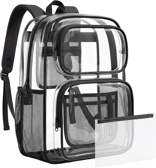 mommore Clear Backpack Set for School, Large Heavy Duty Transparent Bookbag with Pencil Bag for Boys Girls, 17 inch See Through PVC Plastic Backpack with DIY Patches for College Work Casual