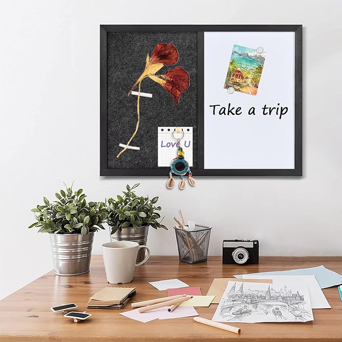 Whiteboard Bulletin Board Dark Gary Felt Board Combo for Office School Kitchen Bedroom, Black Wood Frame,17.7"*23.6",Whiteboard+BK-4560BK