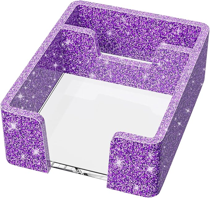 WINFFOR Acrylic Notepad Holder Dispenser - 3x3 in 2IN1 Sticky Note Memo Holder for Desk Organizer (W/O Pads) Office Desk Accessories School Supplies, Glitter Purple