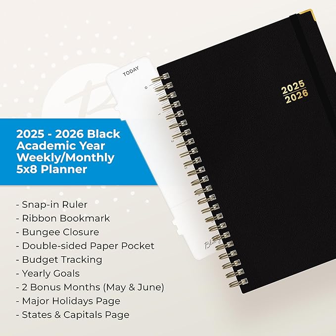 Blue Sky 2025-2026 Weekly and Monthly Academic Year Planner Calendar, July 2025 - June 2026, 5" x 8", Faux Leather Cover, Wirebound, Storage Pocket, Laminated Tabs, Black
