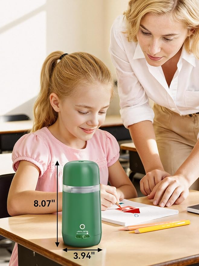 JARLINK Automatic Electric Pencil Sharpener - Hands-Free Operation, 3 Sharpness Modes, 3-Second Sharpening, Rechargeable & Portable for 7-12mm Pencils, Ideal for Classroom and Home Use (Green)