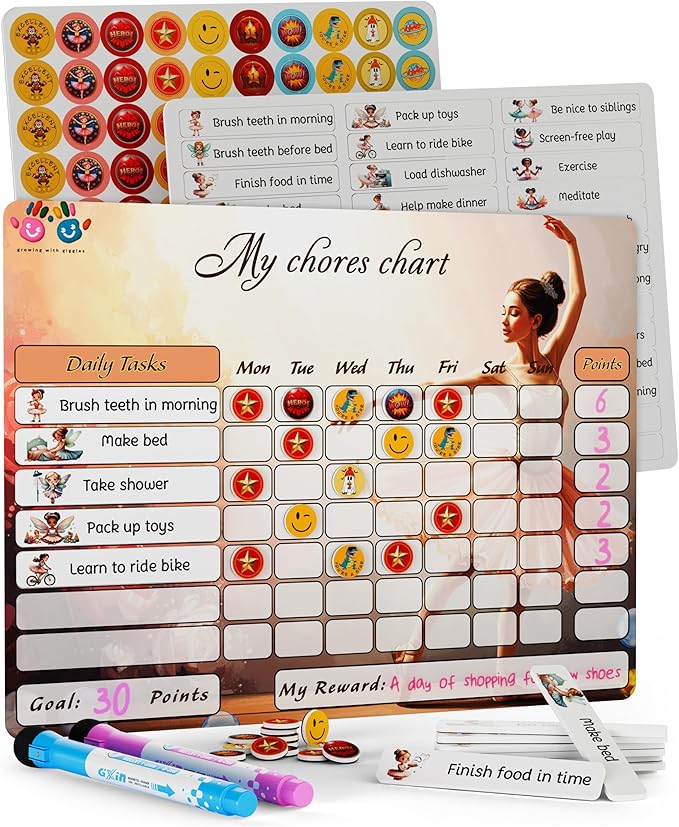 Mimi Doodle Magnetic Chore Chart for Kids – 16x12 Dry Erase Daily Responsibility Board for Fridge with 39 Chore tabs, 100 Reward Stickers – Behavior Chart for Kids at Home – Ballerina Theme