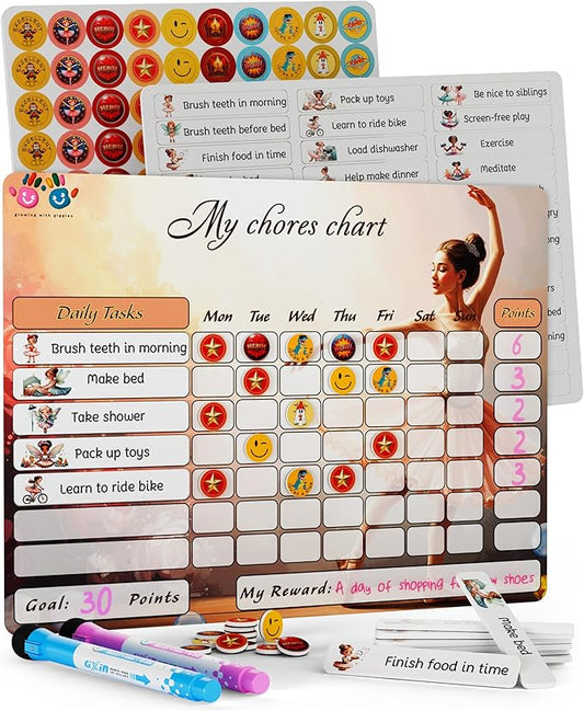 Mimi Doodle Magnetic Chore Chart for Kids – 16x12 Dry Erase Daily Responsibility Board for Fridge with 39 Chore tabs, 100 Reward Stickers – Behavior Chart for Kids at Home – Ballerina Theme