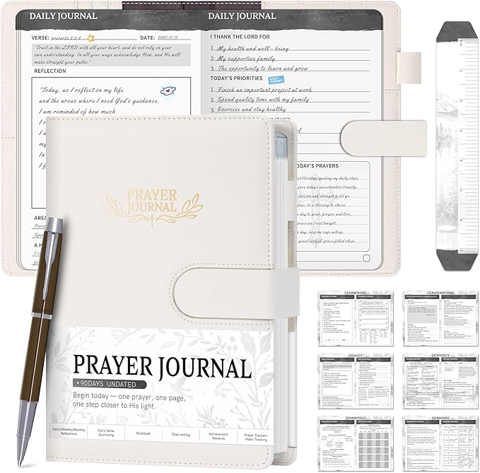 Ospelelf Beige Faux Leather Christian Prayer Journal for Women, Bible Study Journal for Men Daily Planner Notebook, Undated 3 Month, Mental Health Gratitude Journal Stress Relief