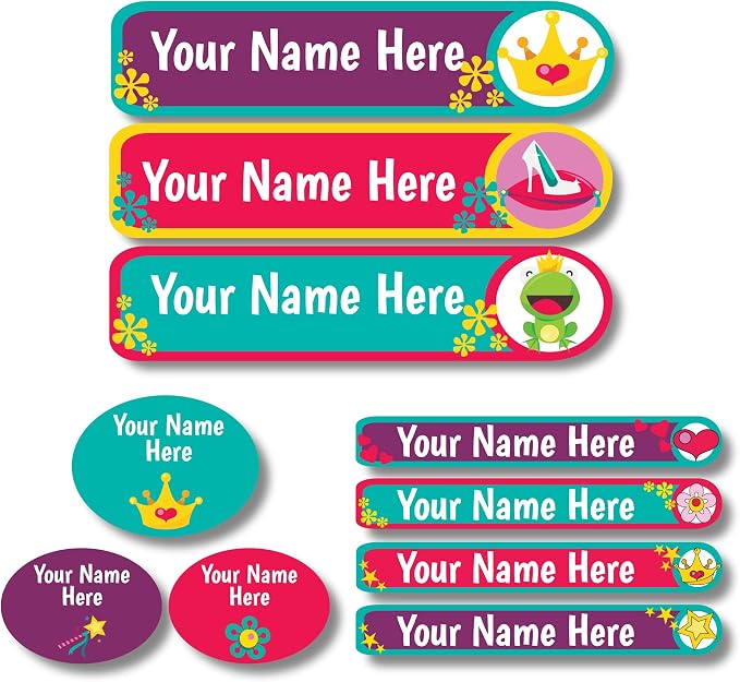 Lovable Labels Personalized Labels for Kids (85 Labels/Pack) - 3 Label Sizes Waterproof Dishwasher Safe Peel & Stick Labels for School Supplies Daycare Camp Clothing Bottles (Whimsical Love Story)