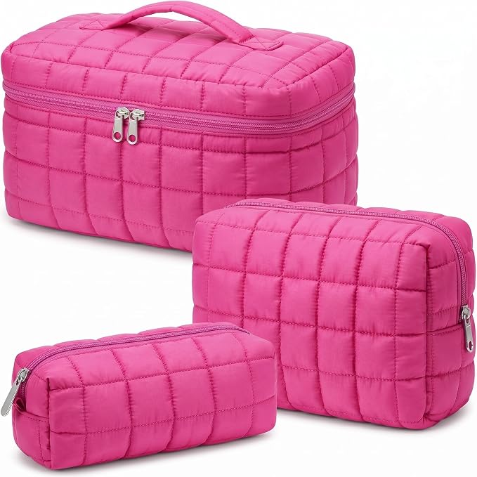 Huhumy 3 Pcs Large Puffy Makeup Bag Set Quilted Cosmetic Pouch for Women Cute Checkered Travel Toiletry Bag Puffer Makeup Organizer Purse Pouch Preppy Pencil Case with Zipper Valentine Gift (Hot Pink)