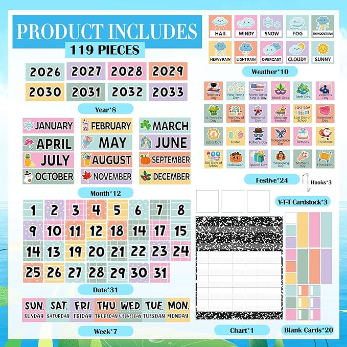Tinlade Classroom Calendar Pocket Chart Set with 115 Cards 24 x 28 Inch Cute Cartoon Calendar Bulletin Board Pocket 2026–2033 Festival Weather Teacher Supplies for Classroom Wall Decoration