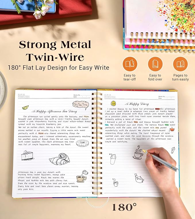 Lined Spiral Notebook Journal for Women, 150 Pages Cute Notebooks 5.75” x 8.38”, A5 Hardcover Spiral Journals with 100 GSM Thick Paper, College Ruled Notebook for Writing Work School, Colorful Feather
