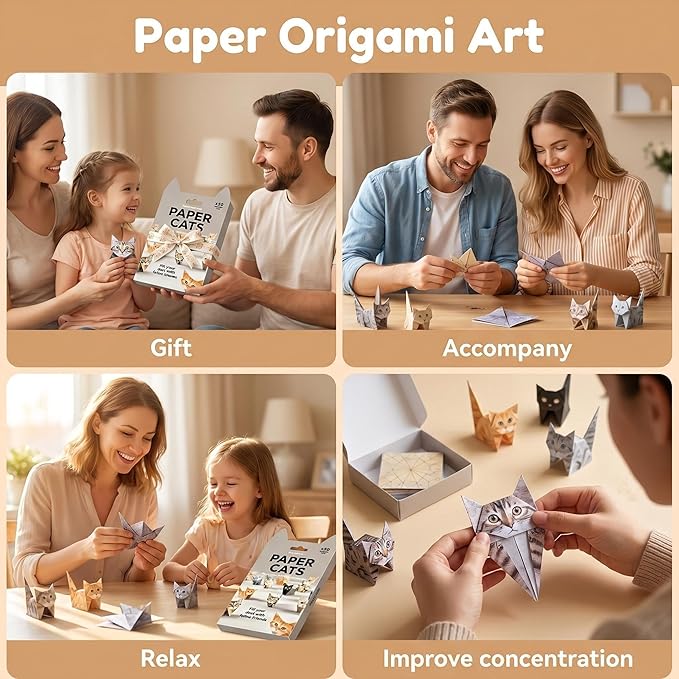3D DIY Origami Cat Kit for Adults & Teens – 50 Cute Paper Cats to Fold, Relaxing Paper Craft Kit for Cat Lovers, No Glue or Scissors Needed