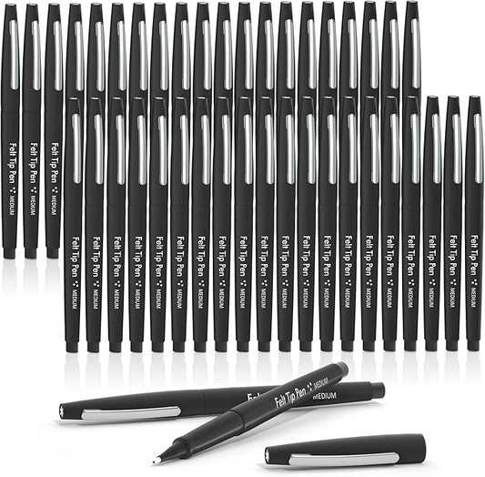 Lelix Felt Tip Pens, 40 Black Pack, 0.7mm Medium Point, Felt Tip Markers Pens for Journaling, Writing, Note Taking, Planner, Perfect for School Office and Art Supplies