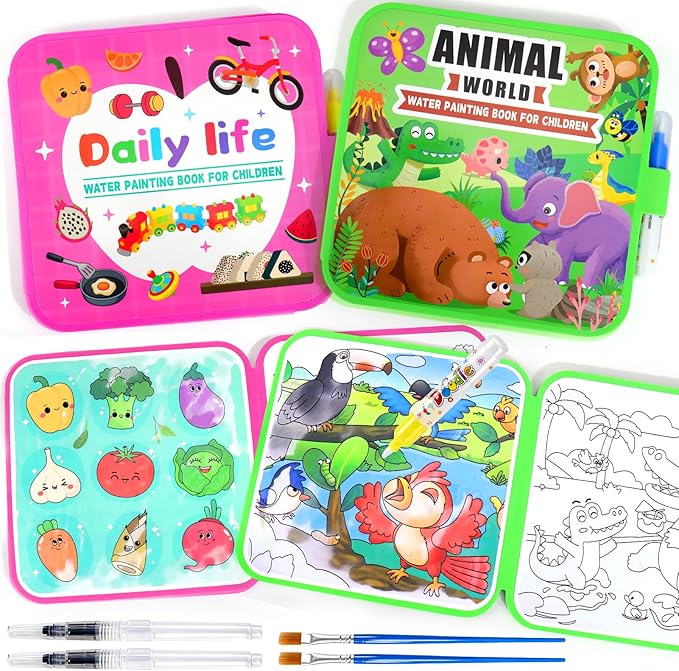 Vodolo Water Painting Book for Toddlers - 2 Pack Reusable Magic Water Coloring Book with 4 Water Pen 2 Brush - Mess Free Painting for Toddlers,No Mess Paint Coloring for Ages 3+ Travel Activity Toys