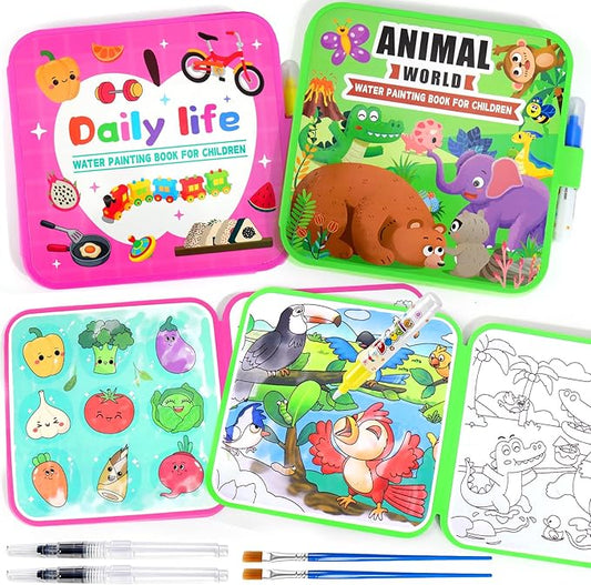 Vodolo Water Painting Book for Toddlers - 2 Pack Reusable Magic Water Coloring Book with 4 Water Pen 2 Brush - Mess Free Painting for Toddlers,No Mess Paint Coloring for Ages 3+ Travel Activity Toys