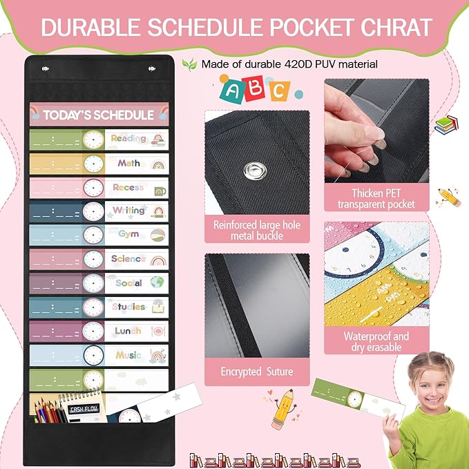 Ctosree 32 Pcs Daily Schedule Pocket Chart Rainbow Pocket Charts Classroom Pocket Chart Schedule 13+1 Pocket Kids Schedule Charts Teaching Scheduling Pocket Charts with Cards for School Classroom