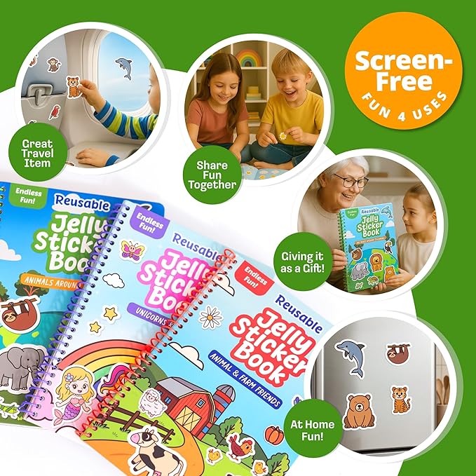 Reusable Sticker Book - Animals - 50 Jelly Stickers for Toddlers & Kids 3-5: Fun Toddler Travel Toys, Airplane & Car Activities for Kids - Sticker Books for Toddlers 3 Years Old, Toy Gifts for 1-3 2-4