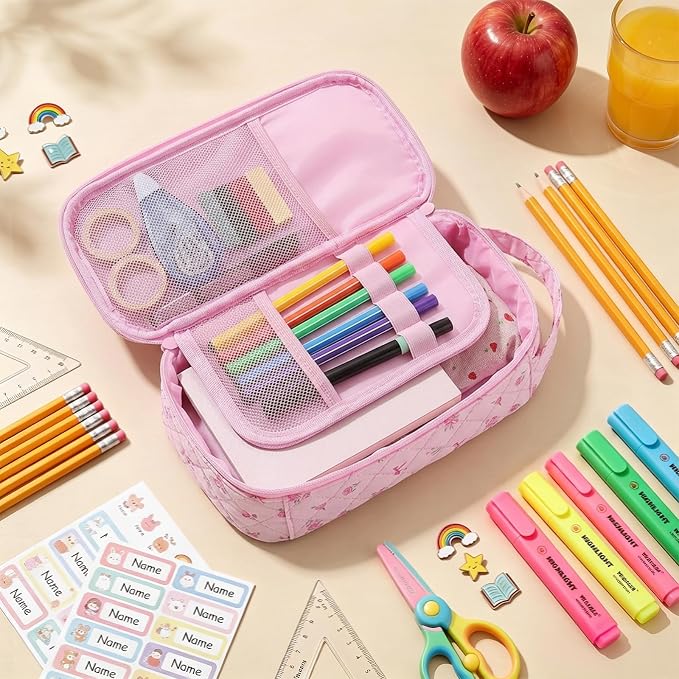 Cute Floral Quilted Pencil Case for Girls, Large Aesthetic Pen Pouch with Handle, Multi Compartment Stationery Organizer, Portable Travel Cosmetic Makeup Bag Back to School