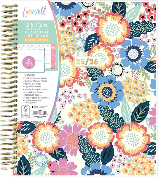 Blue Sky Livewell Weekly and Monthly Academic Year Planner Calendar, July - June, Flexible Cover, Wirebound, Colorful Interior, Laminated Tabs, Storage Pocket, Includes Stickers, Charmie (Charmie- 2025/2026, 7" x 9")