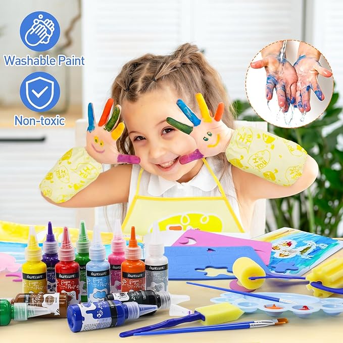 88 PCS Washable Finger Paint Set for Toddlers , 14 Colors Kids Paint Kit with Finger Paint Paper, Brushes, Rolling Tools, Cute EVA Templates, Waterproof Aprons & Palette — Non-Toxic Toddler Painting Set