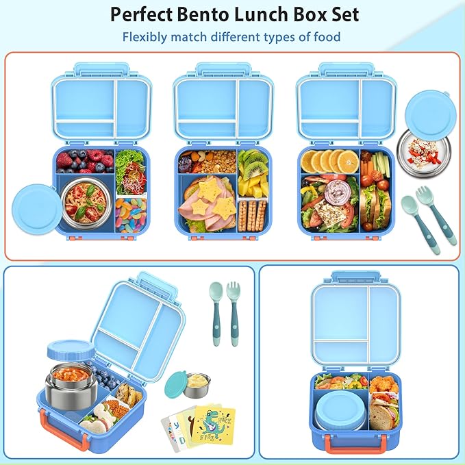 Kids Bento Lunch Box with 9oz Soup Thermo Leakproof Lunch Food Containers 4 Compartment with Insulated Hot Food Jar for Kid Toddler Girls Boys to School, Trvael