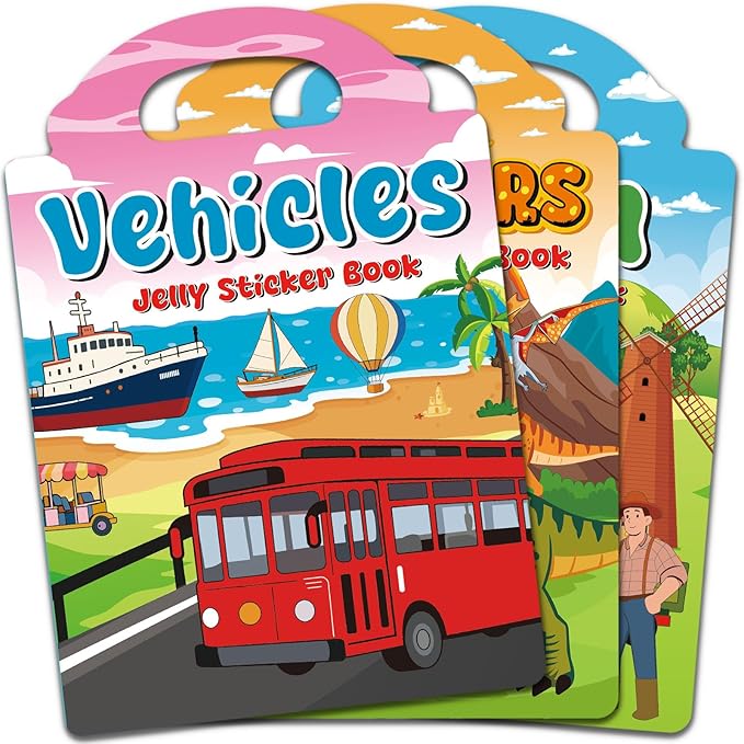 3 Sets Reusable Sticker Book for Kids, Jelly Sticker Books for Toddlers 2-4 Years, Airplane Train Car Travel Essentials Toys for Kids
