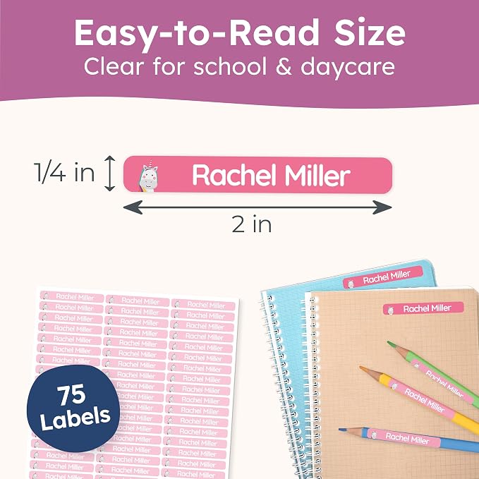 Personalized Kids Name Labels for Pencils Pink [75pcs] - Waterproof Name Stickers for School & Daycare - Pencil Custom Name Stickers - Children Name Stick On Labels for Pens (2.0”x0.3”)