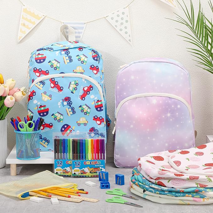 17'' Backpacks Bulk with Supplies Stationery Kits, Printed Bookbags and Writing Accessories Kit for Donation(Novelty,12 Pack)