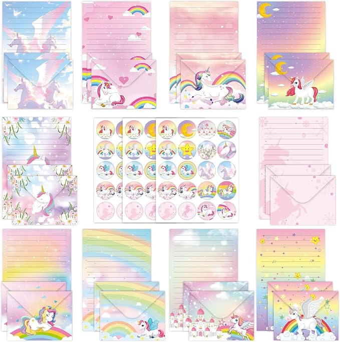 Letter Writing Set - 160 PCS Stationery Set with 50 Letter Papers, 50 Envelopes, 60 Sealing Stickers – Cute Rainbow Unicorn Design for Girls Invitations, Pen Pals, Party Notes, School Supplies
