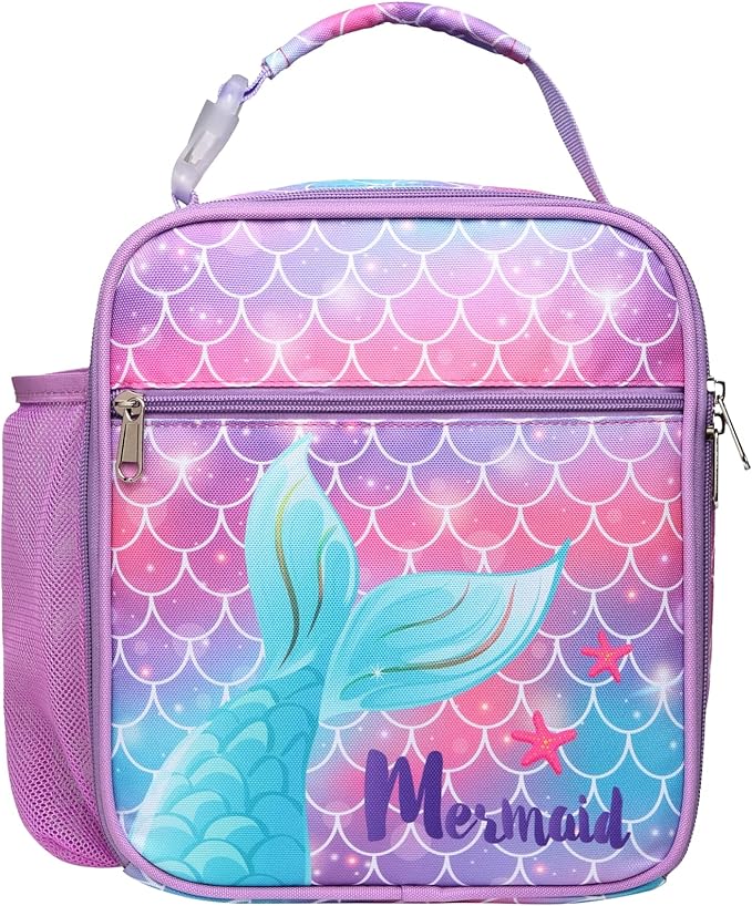Bagseri Kids Lunch Box for Girls - Insulated Toddler Lunch Bag Fits Bento Box, Reusable Daycare Cooler Tote with Clip Handle, Water-Resistant Lining, Purple Mermaid Tail