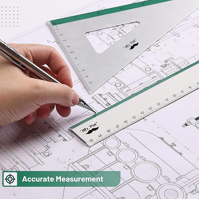 Mr. Pen- Metal Geometry Kit, 4 Pack, 45° & 30°/60° Set Squares, 6" Protractor & 12" Ruler, Durable Metal Drafting Tools for Technical Drawing, Math, Engineering & Architecture