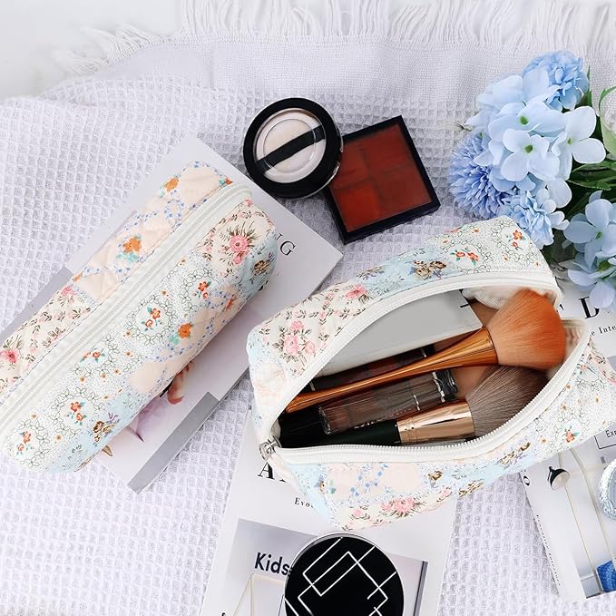 URSKYTOUS 2Pcs Cotton Quilted Makeup Bag for Women Girls Coquette Small Floral Cosmetic Bags Cute Zipper Pencil Pouch Aesthetic Makeup Pouch Trendy Cloth Bee&Flower Travel Toiletry Skincare Bag
