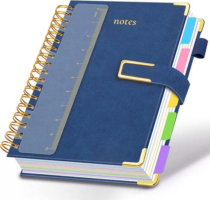 Hardcover Spiral Notebook College Ruled, 8.5"x11" Leather Journal Notebook with Magnetic Closure, 300 Pages 5 Subject Notebook with Dividers Tabs Journal for Women Men, Work, School(Dark Blue)