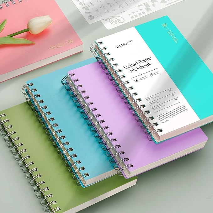 EMSHOI Dotted Journal Spiral Notebook, 300 Pages, A5 Small 5.7"x8.22", 100 GSM Thick Paper, Flexible Plastic Cover, 5mm Dot Grid Notebook for Journaling, Planning, Drawing, Writing, Purple