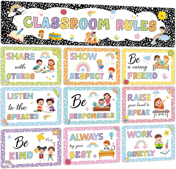Classroom Rules Bulletin Board Set Colorful Composition Notebook Classroom Rules Paper Cutouts Motivational Educational Behavior Posters Wall Decor for Back to School Wall Door Decor Teacher Supplies